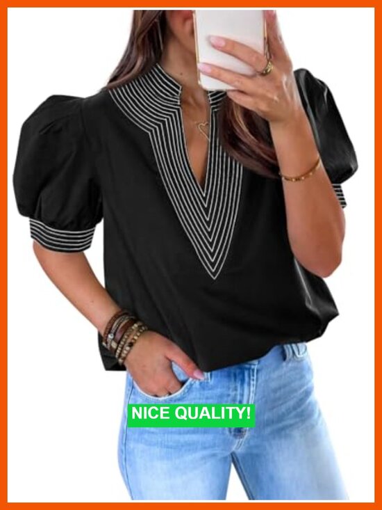 Tops - Puff Sleeve Blouse V Neck Contrast Stitch Tops Loose Fit Shirt Summer Casual